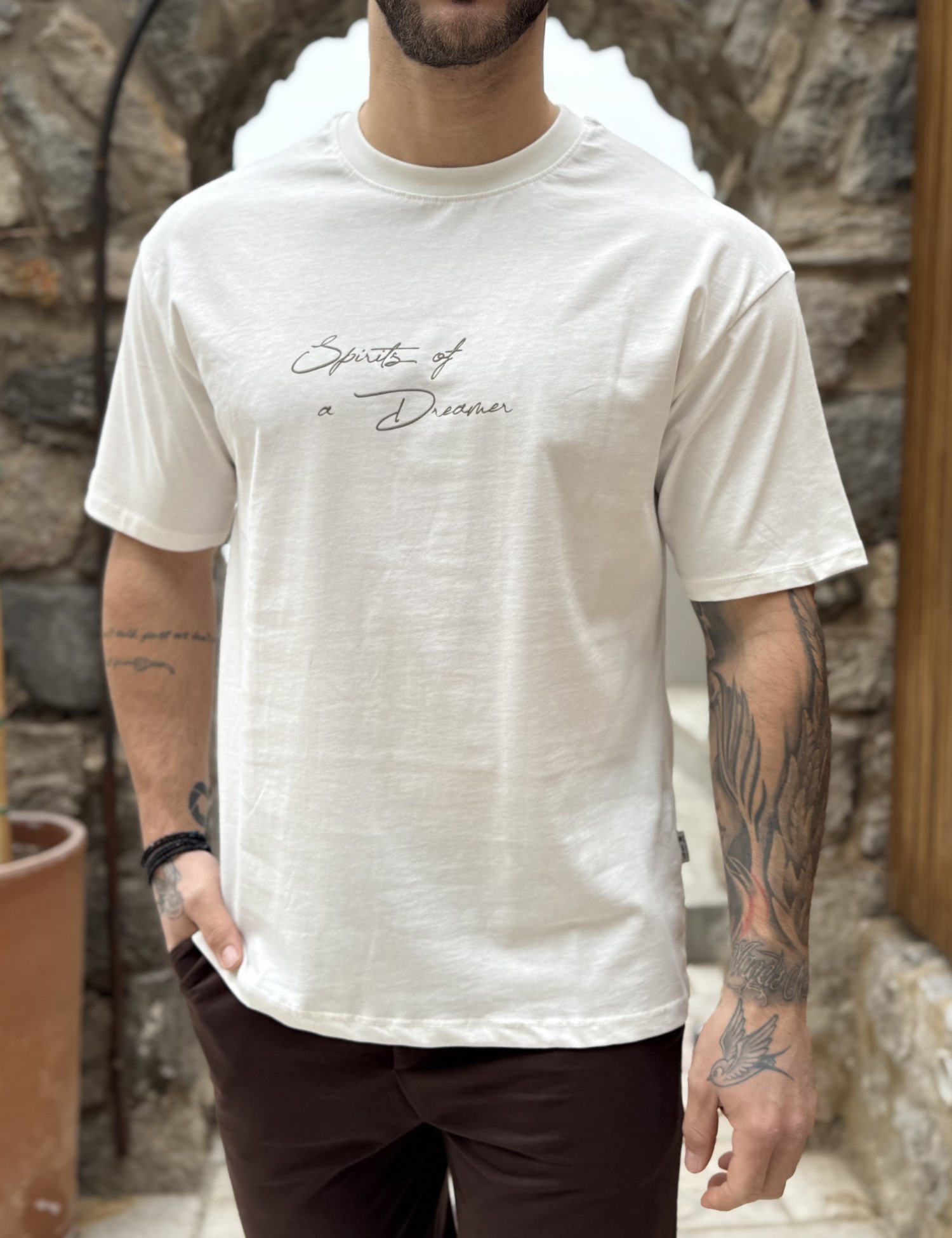 Ανδρική βαμβακερή λευκή κοντομάνικη Oversized μπλούζα με τύπωμα KEF2628 - KEF - 